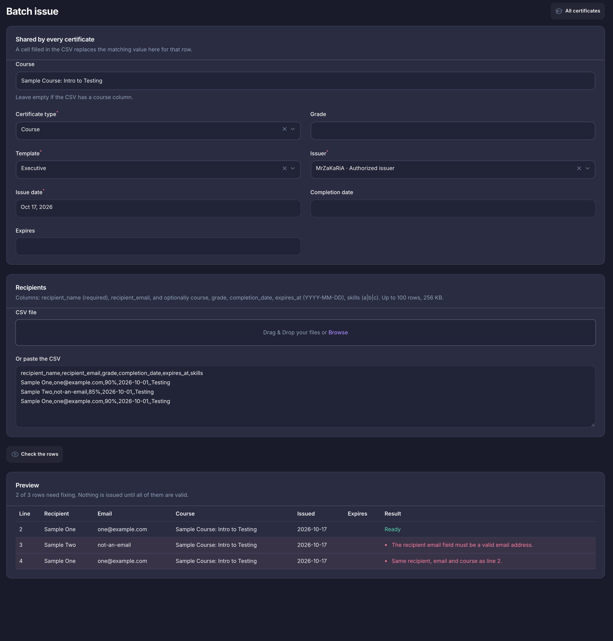 Batch with an error