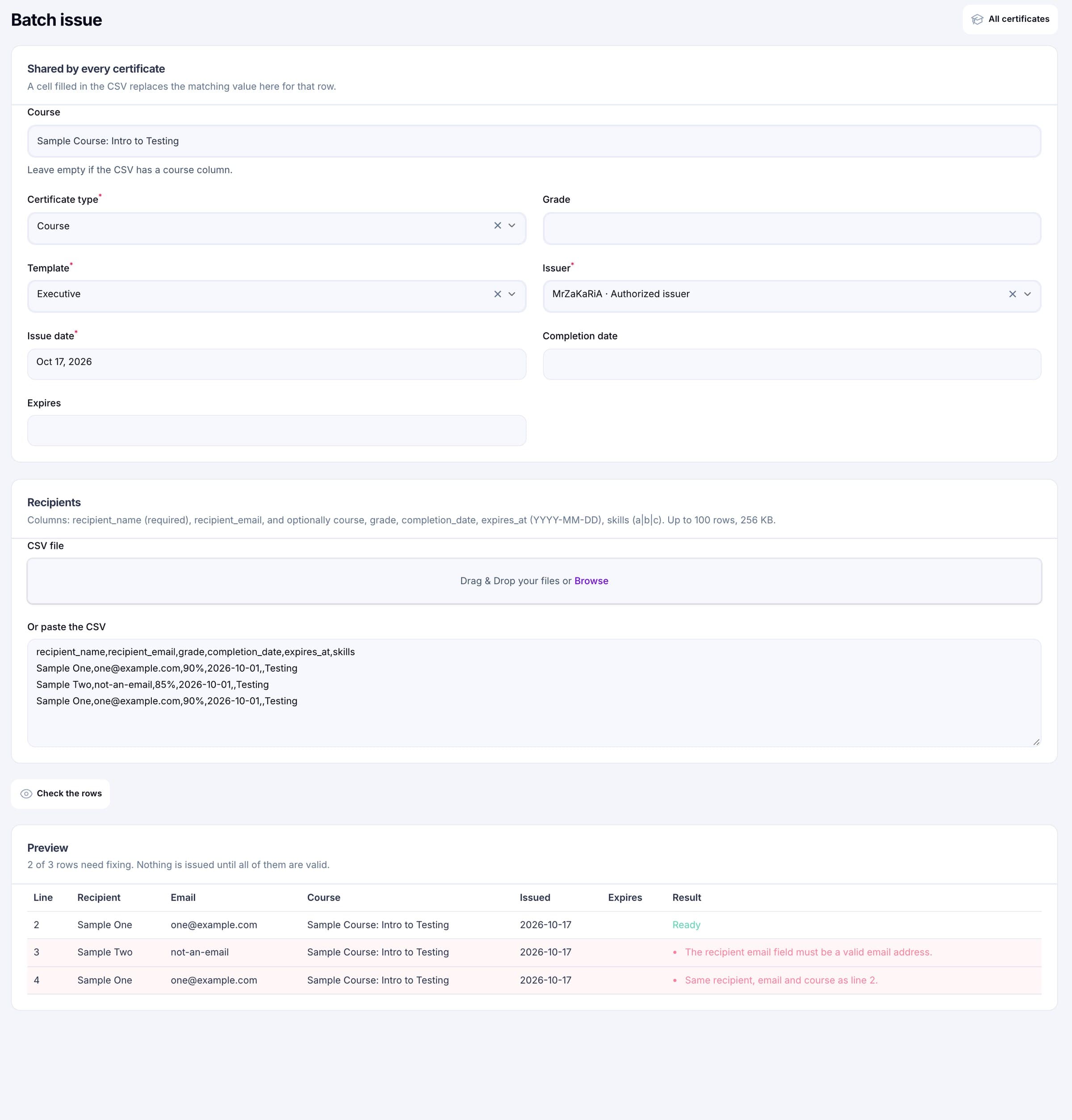 Batch with an error