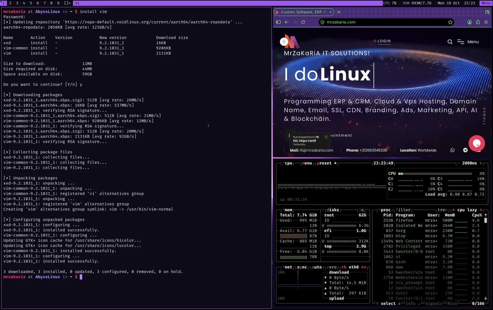 Work tiled by dwm on Abyss Linux