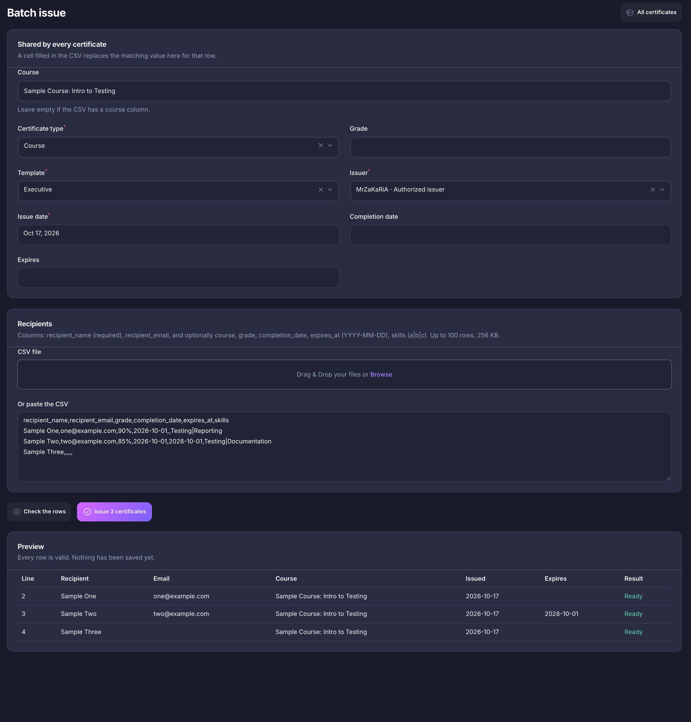 Certificate Registry batch issue with a checked CSV (sample data)