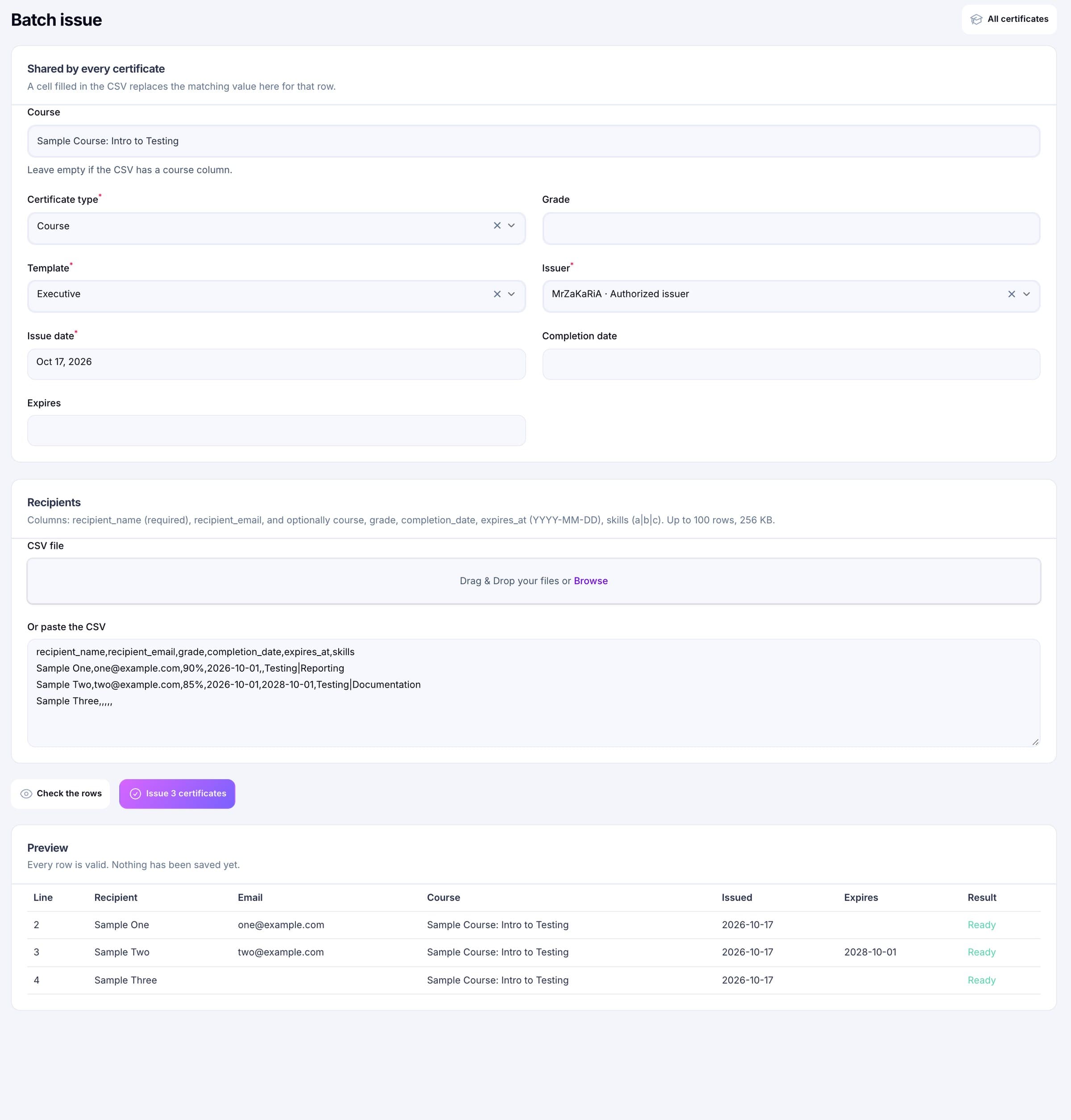 Certificate Registry batch issue with a checked CSV (sample data)