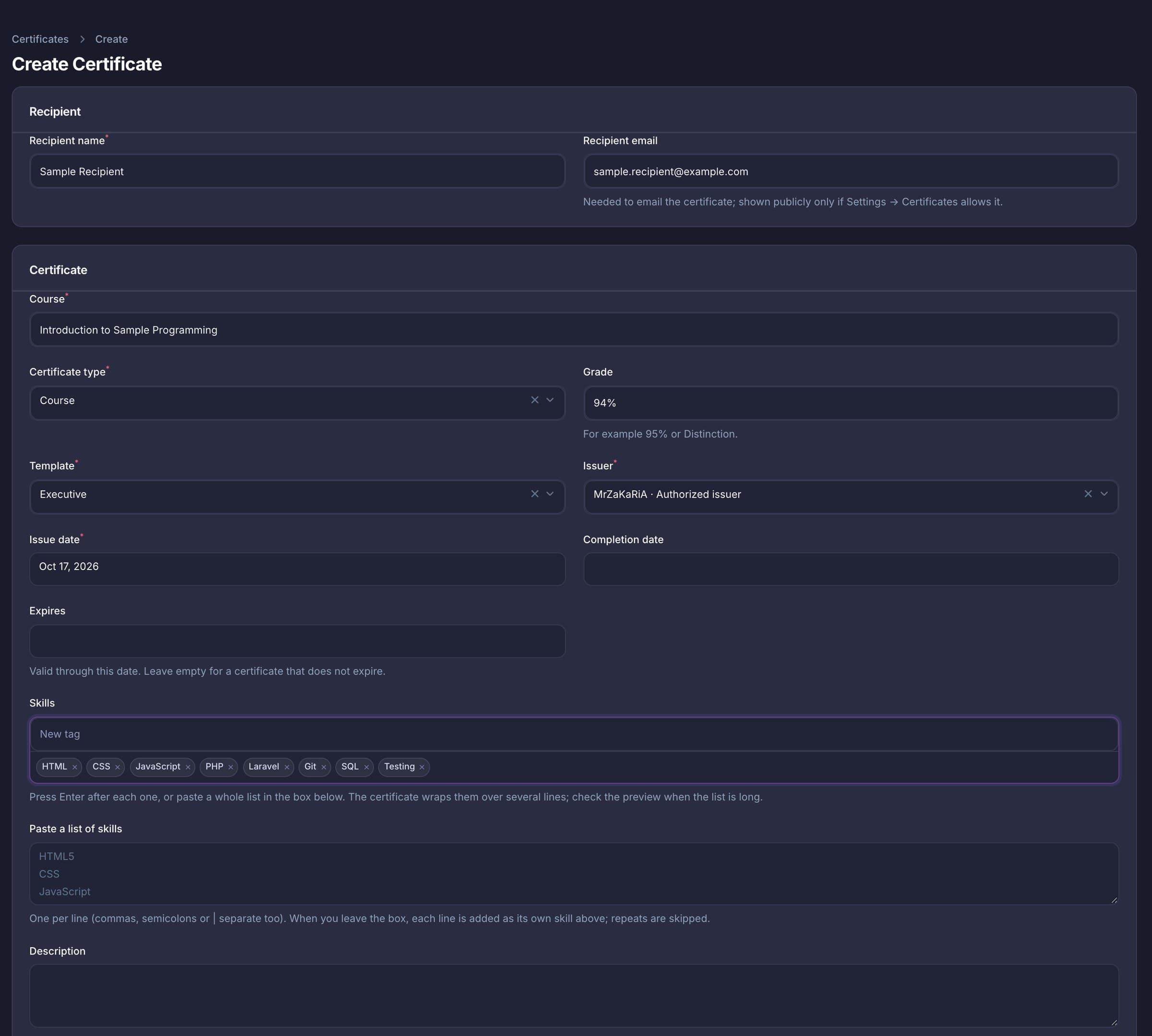 Certificate Registry issue form (sample data)