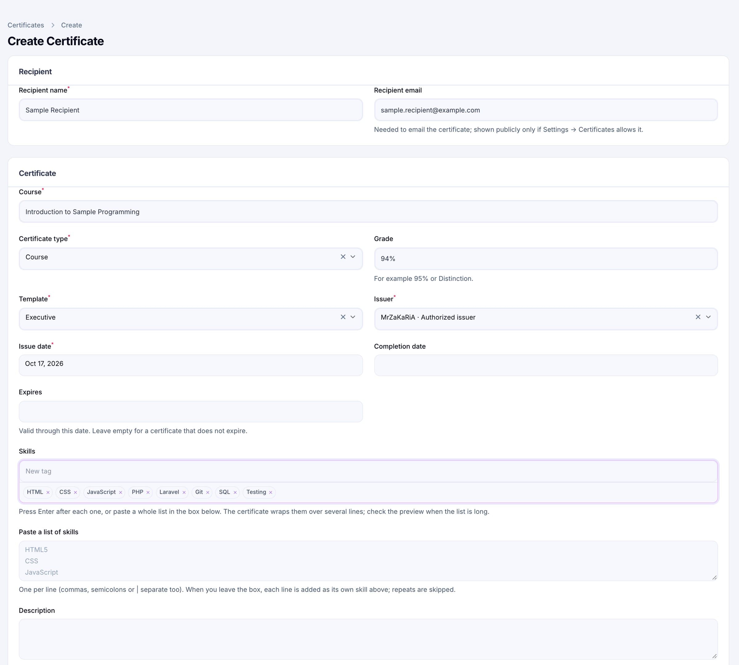 Certificate Registry issue form (sample data)