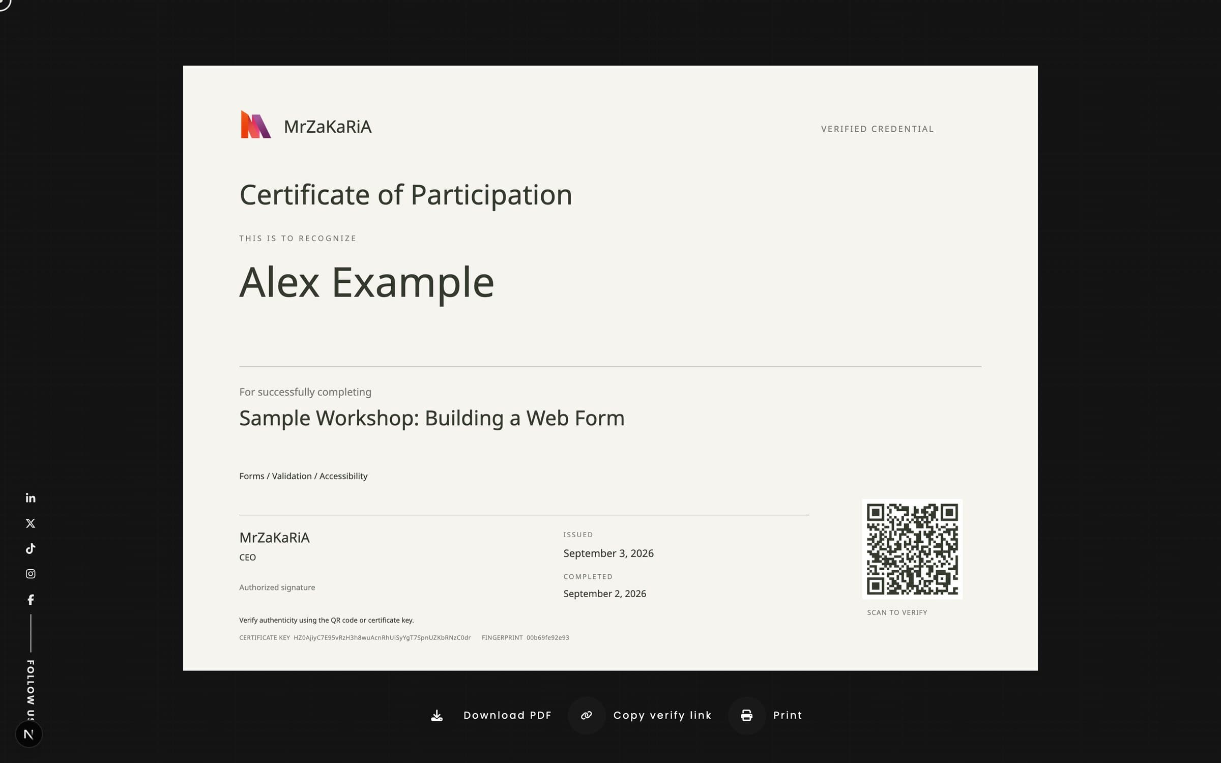 Certificate Registry Minimal template (sample data)