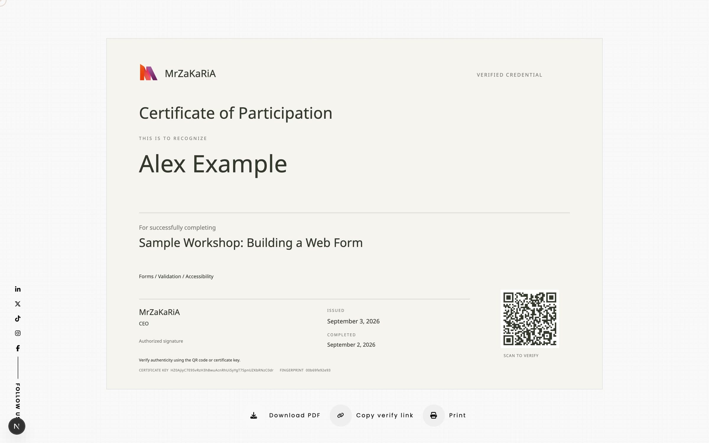Certificate Registry Minimal template (sample data)