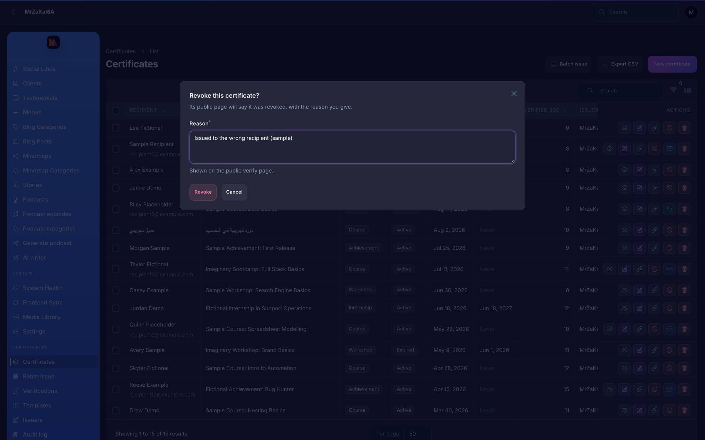 Certificate Registry revoke dialog