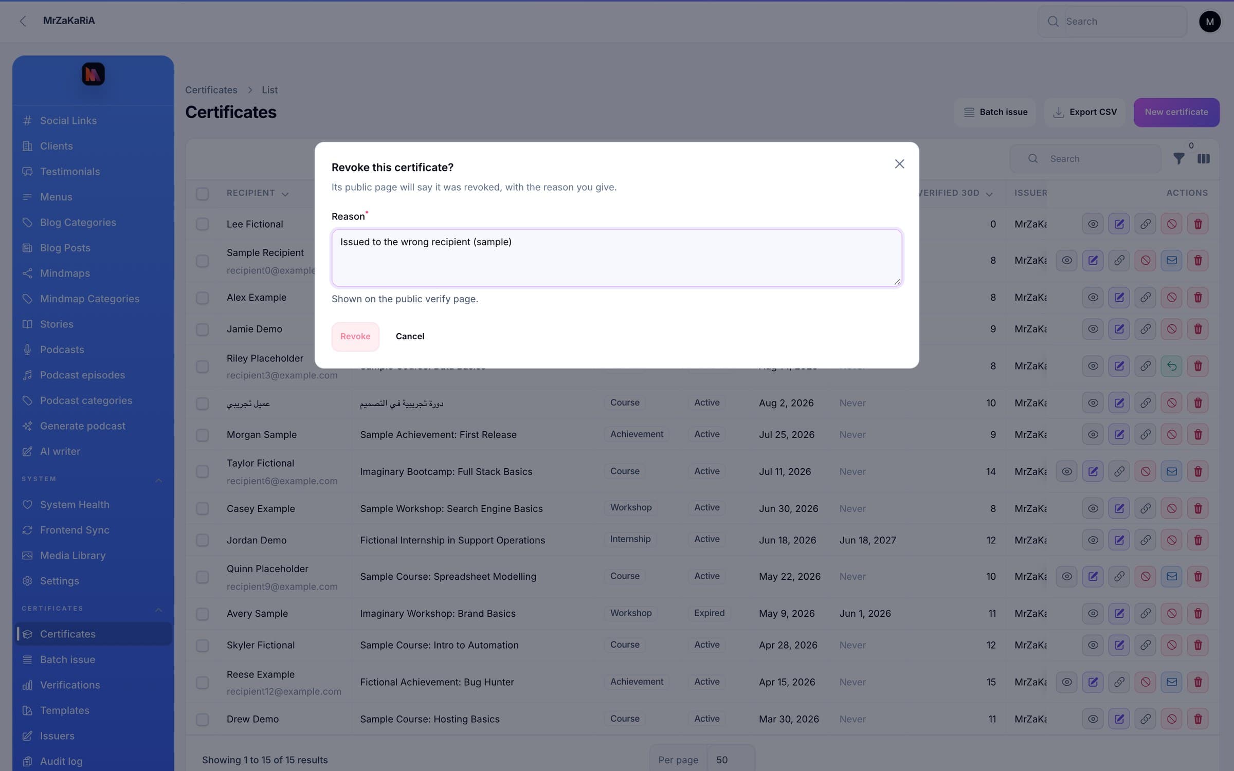 Certificate Registry revoke dialog