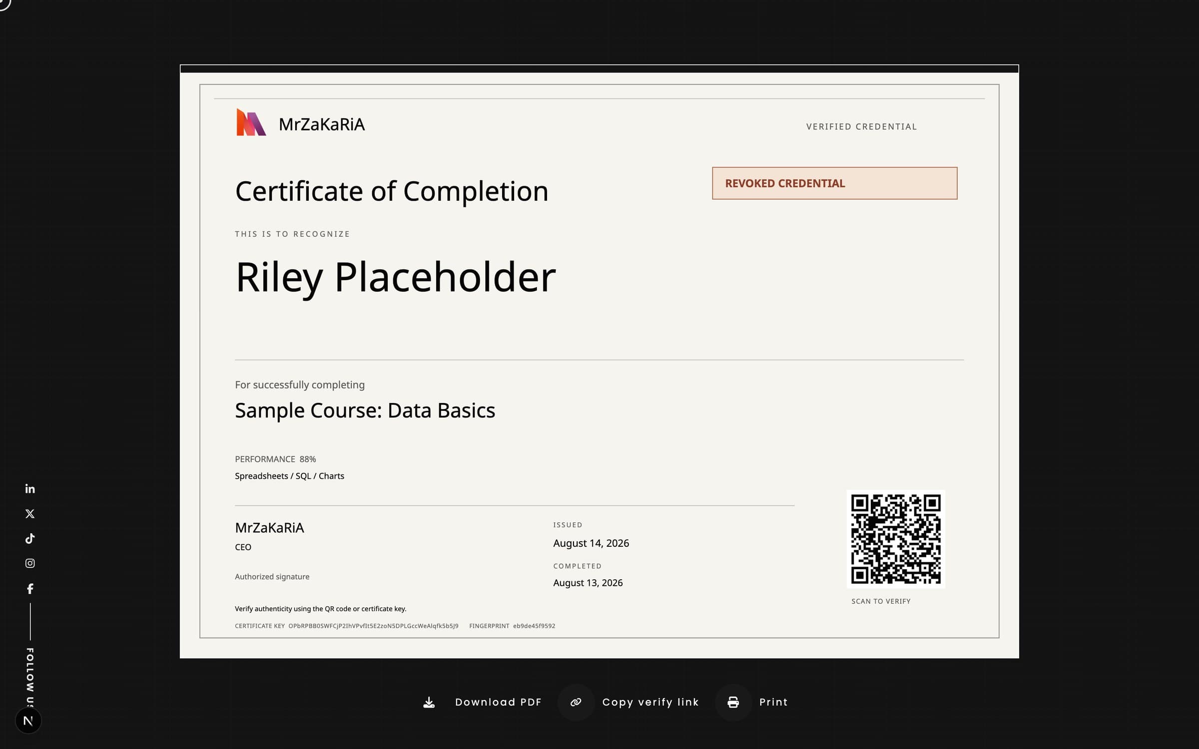 Certificate Registry revoked certificate (sample data)