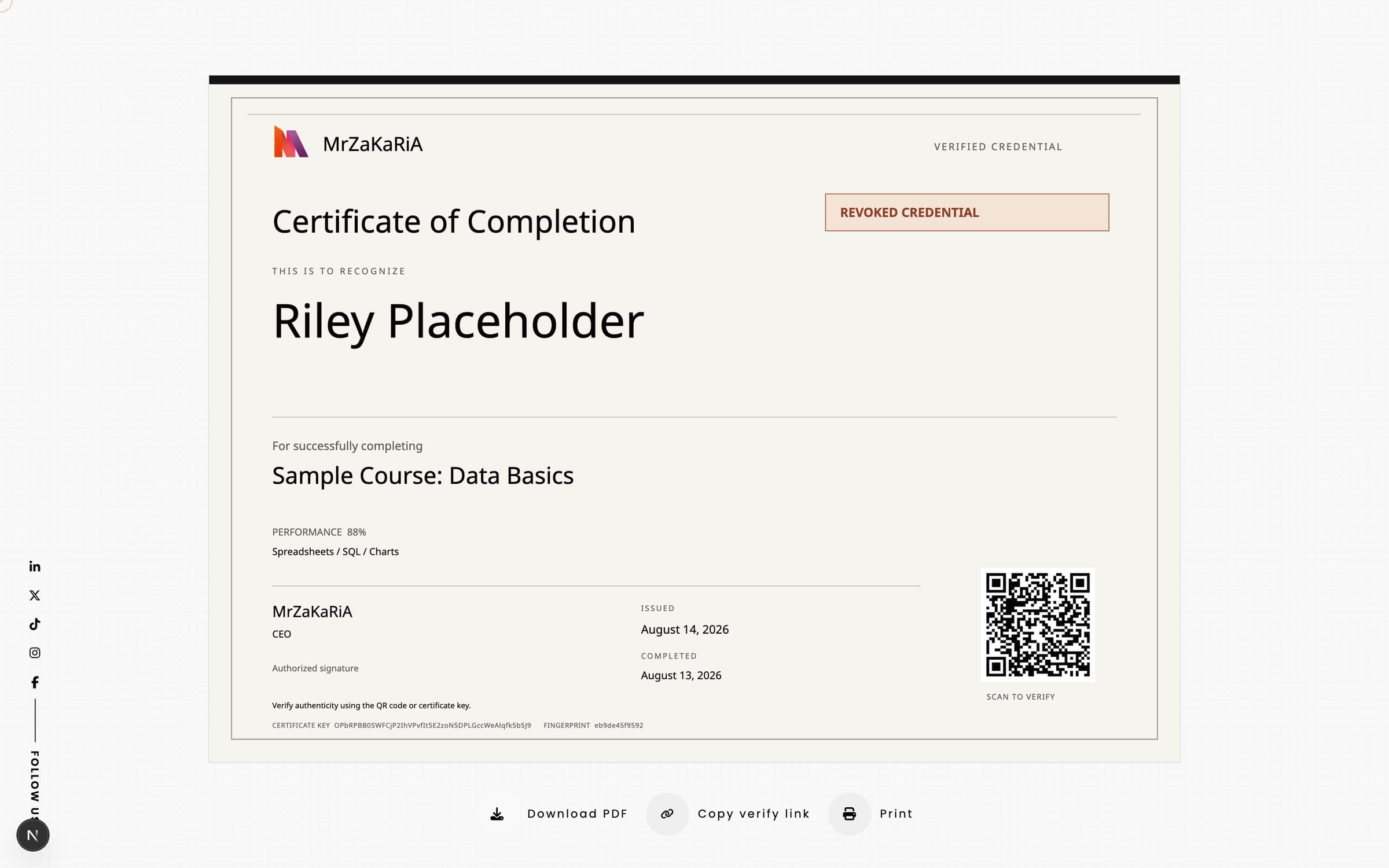 Certificate Registry revoked certificate (sample data)