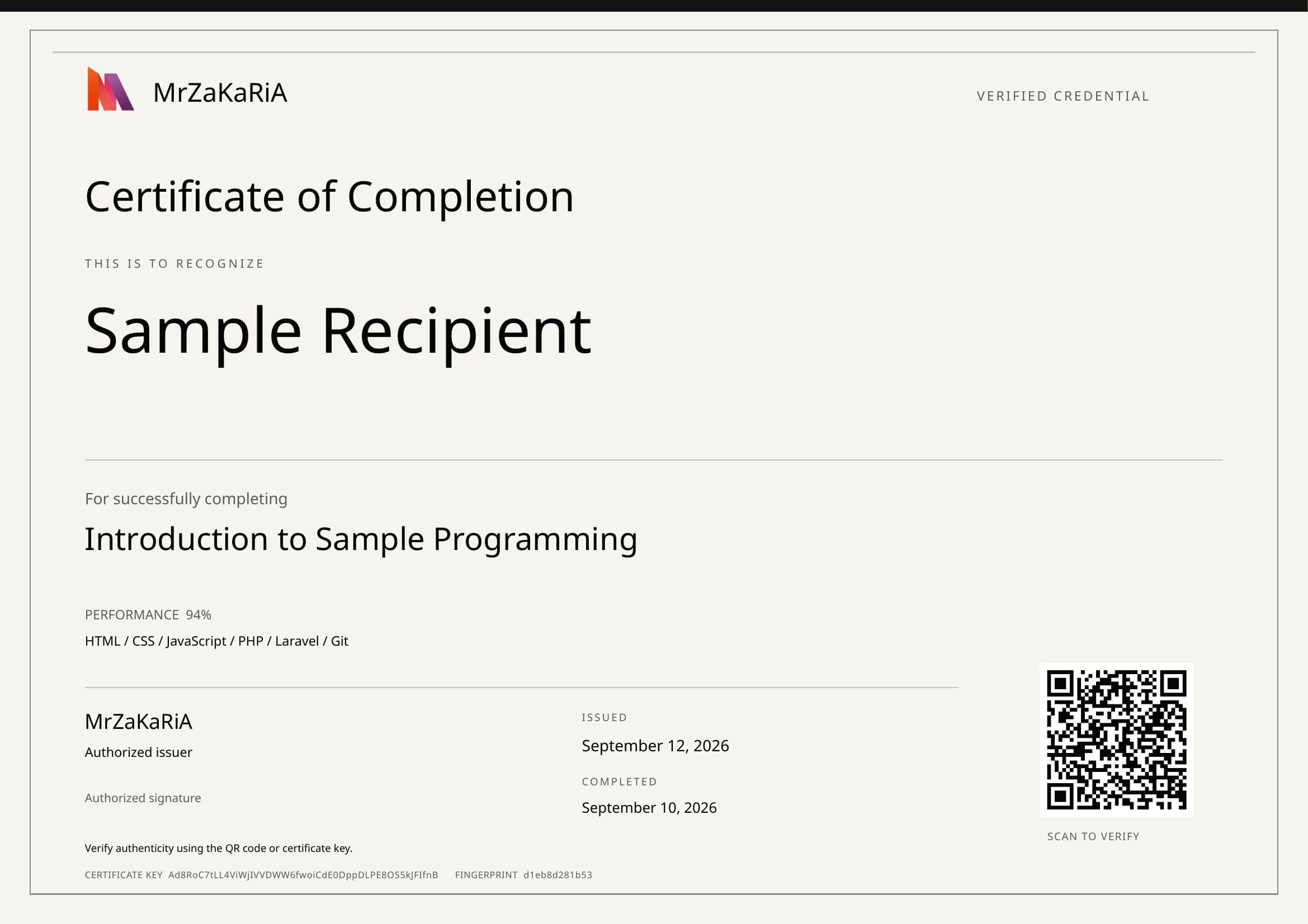 Certificate Registry printed sheet (sample data)