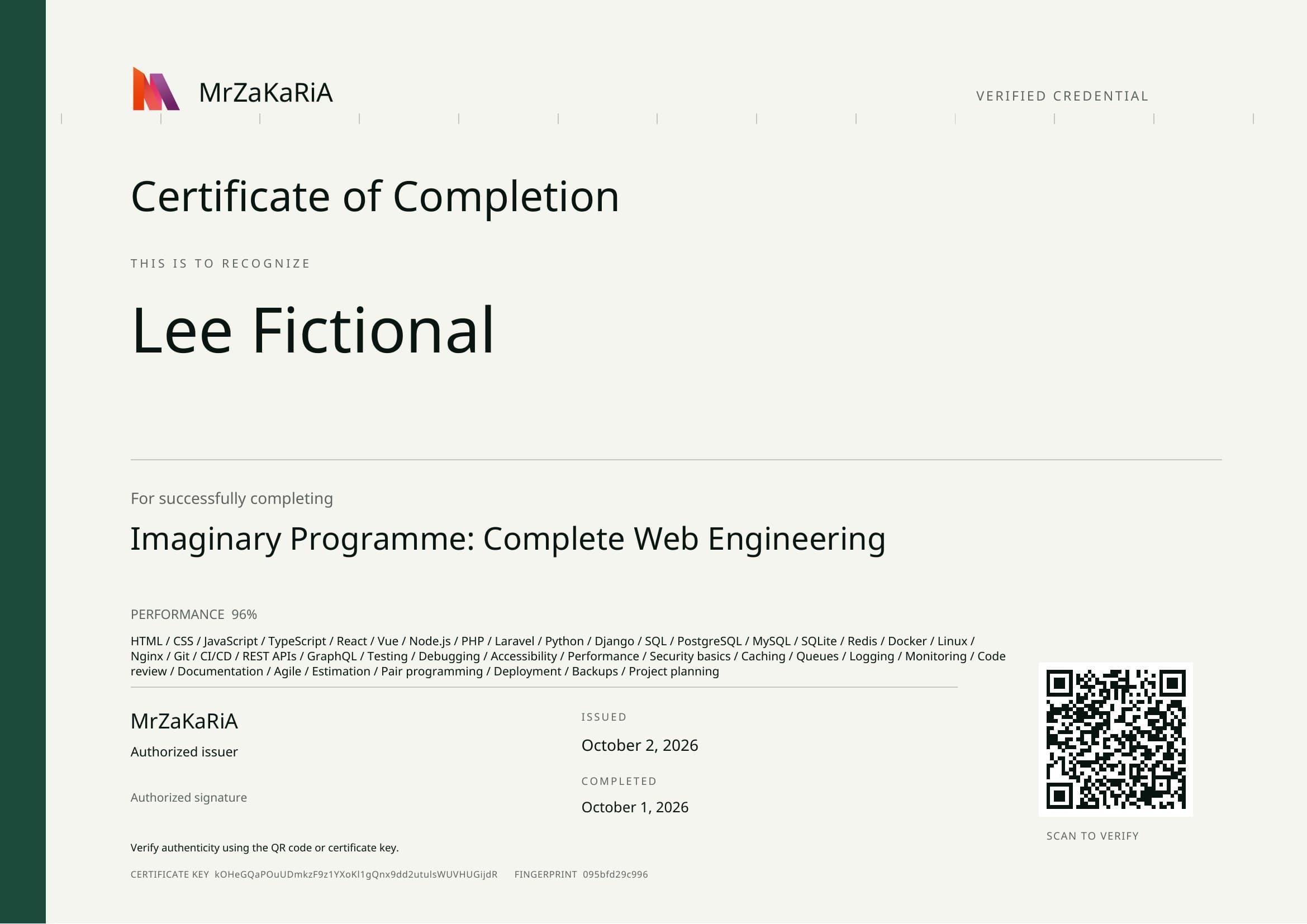 Certificate Registry PDF with many skills (sample data)