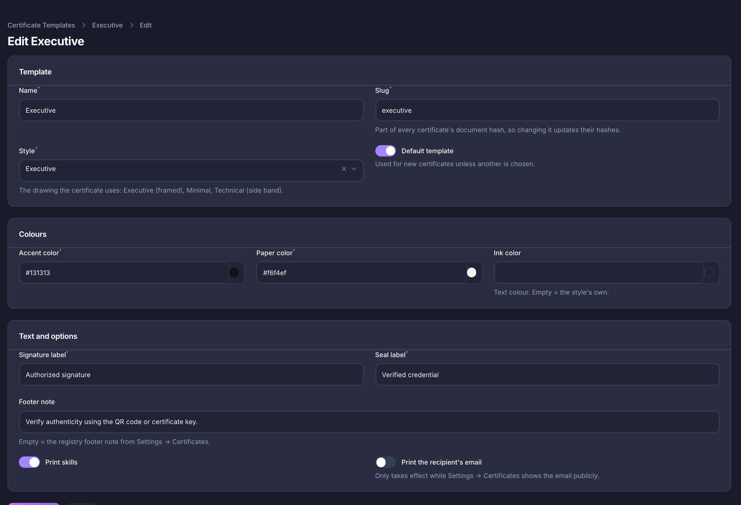 Certificate Registry template editor