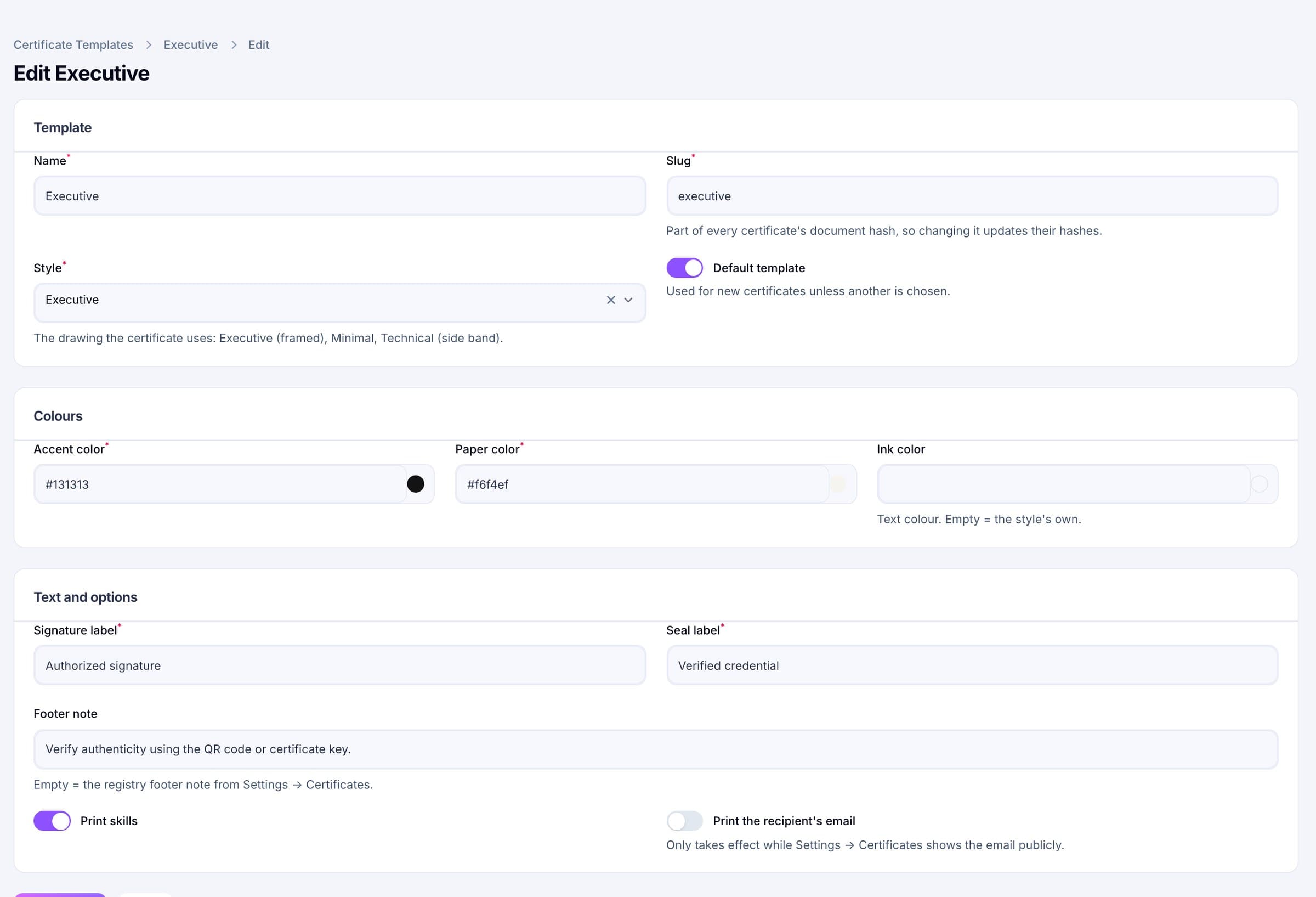 Certificate Registry template editor