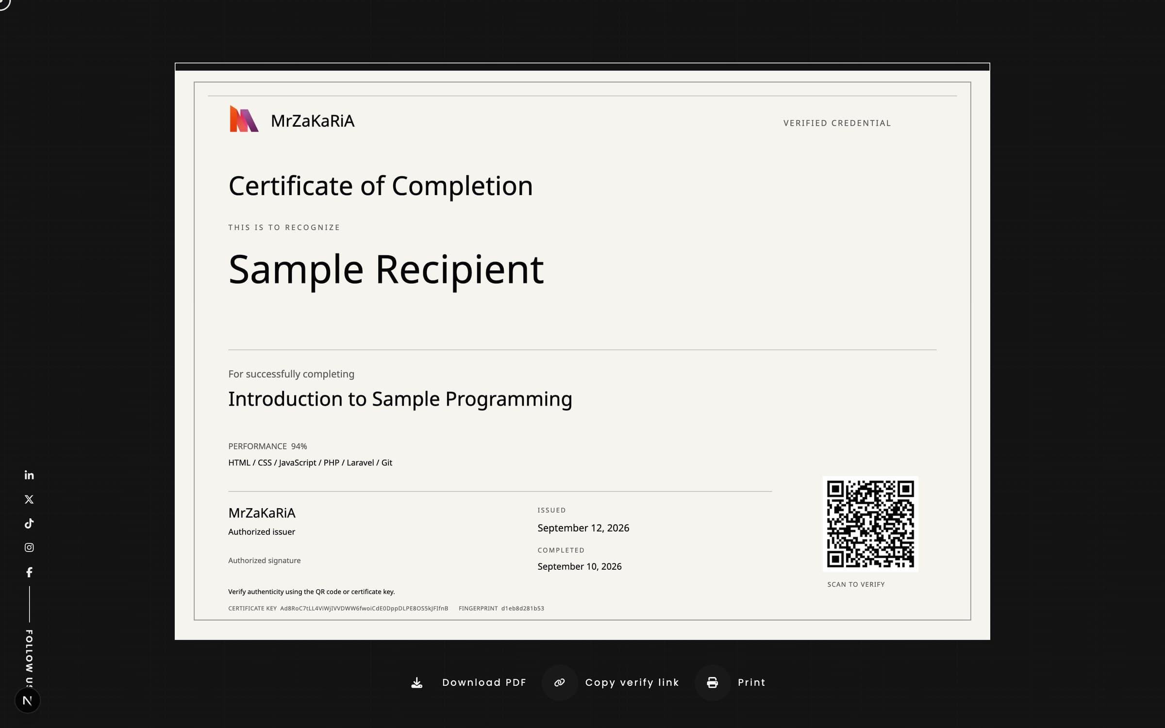 Certificate Registry verify page (sample data)