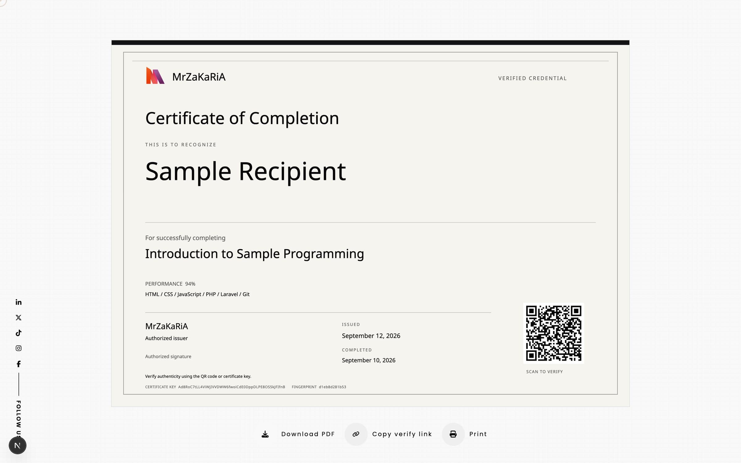 Certificate Registry verify page (sample data)