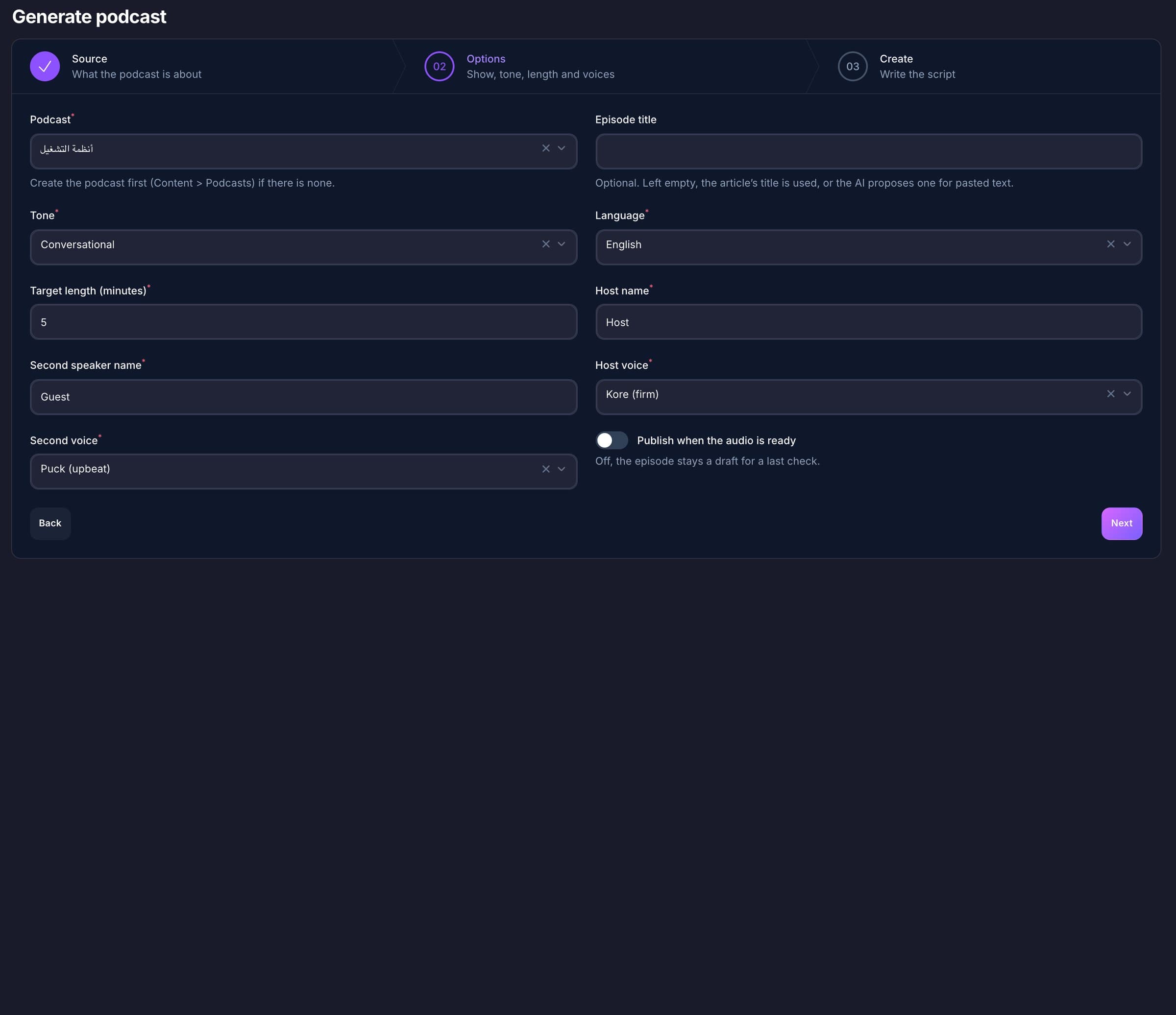 Pods Generate podcast wizard, options step