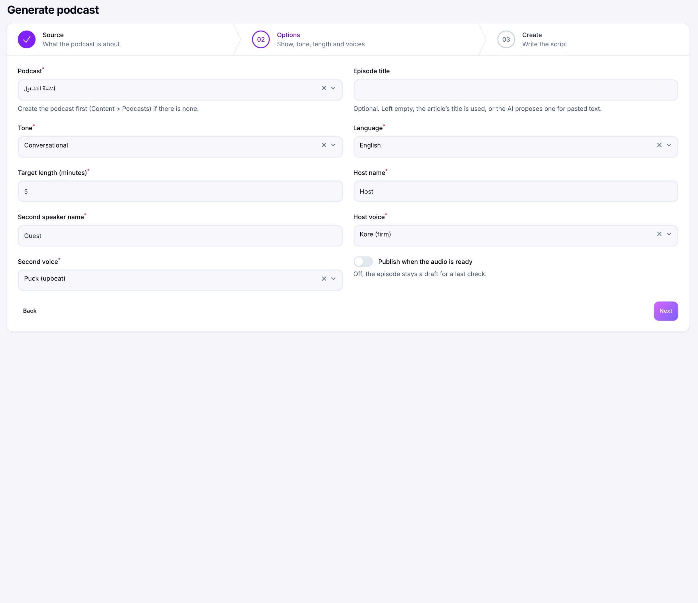 Pods Generate podcast wizard, options step