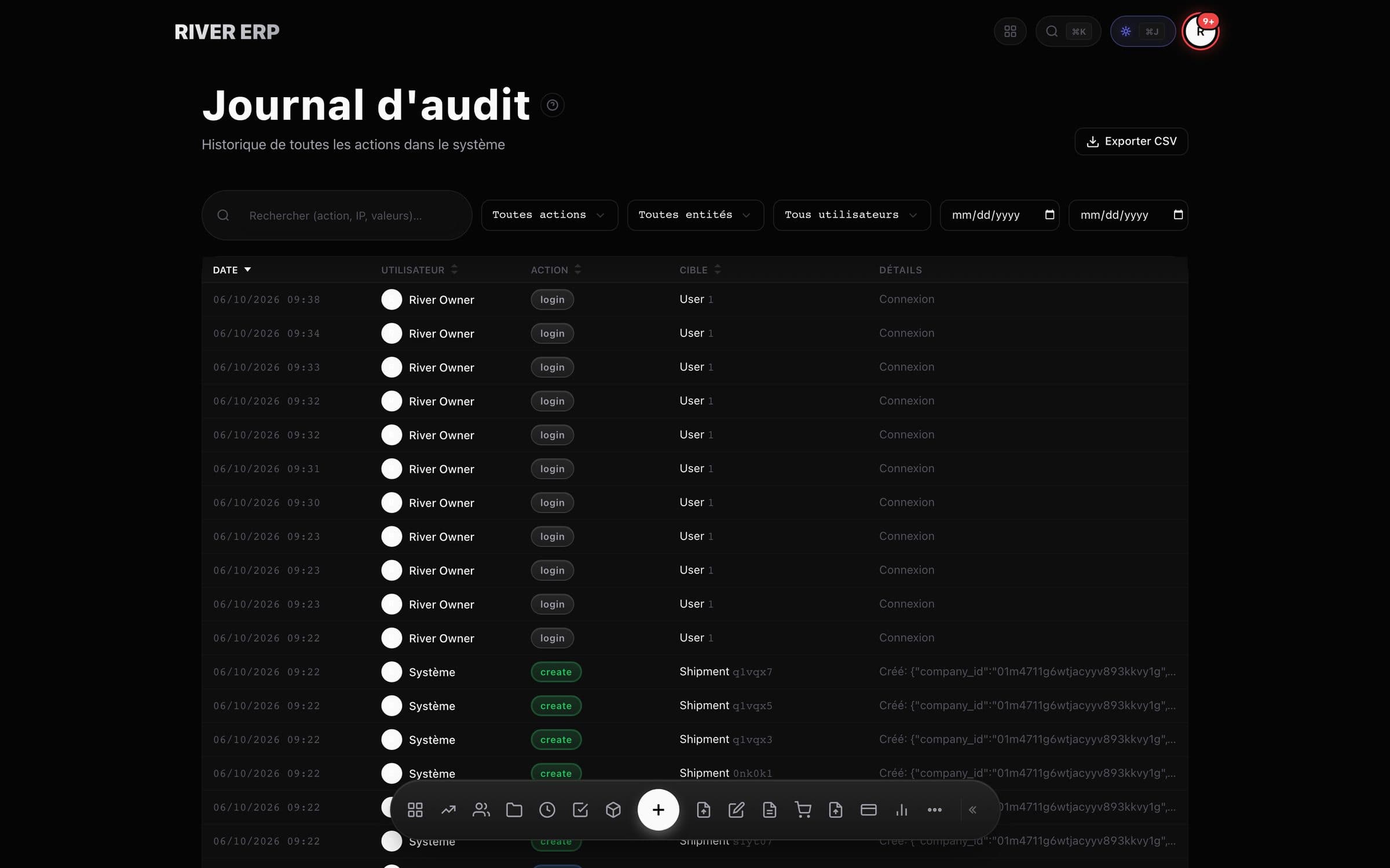 RIVER ERP audit log